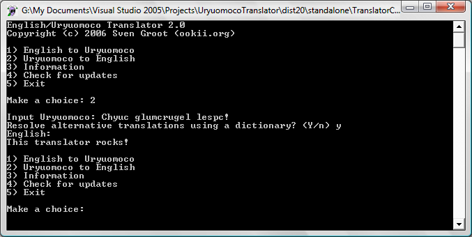 Screenshot of the English/Uryuomoco Translator Command-Line version