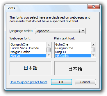 The Internet Explorer fonts dialog