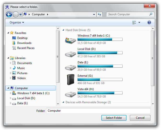 The Vista-style folder browser dialog on Windows 7